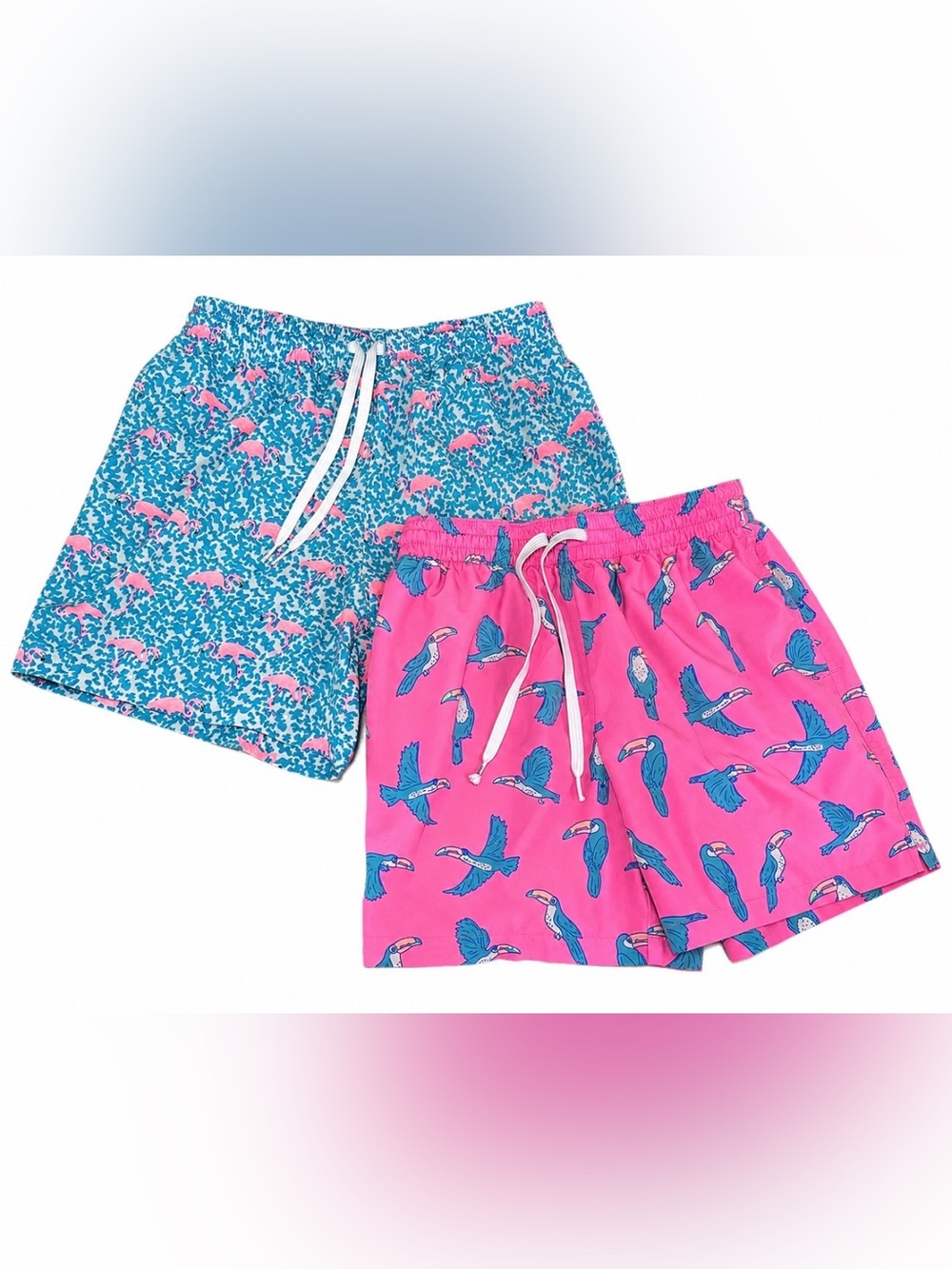 Bundle of 2 Chubbies Swim Trunks Blue Pink Flamingo Toucan Print Beach Shorts S